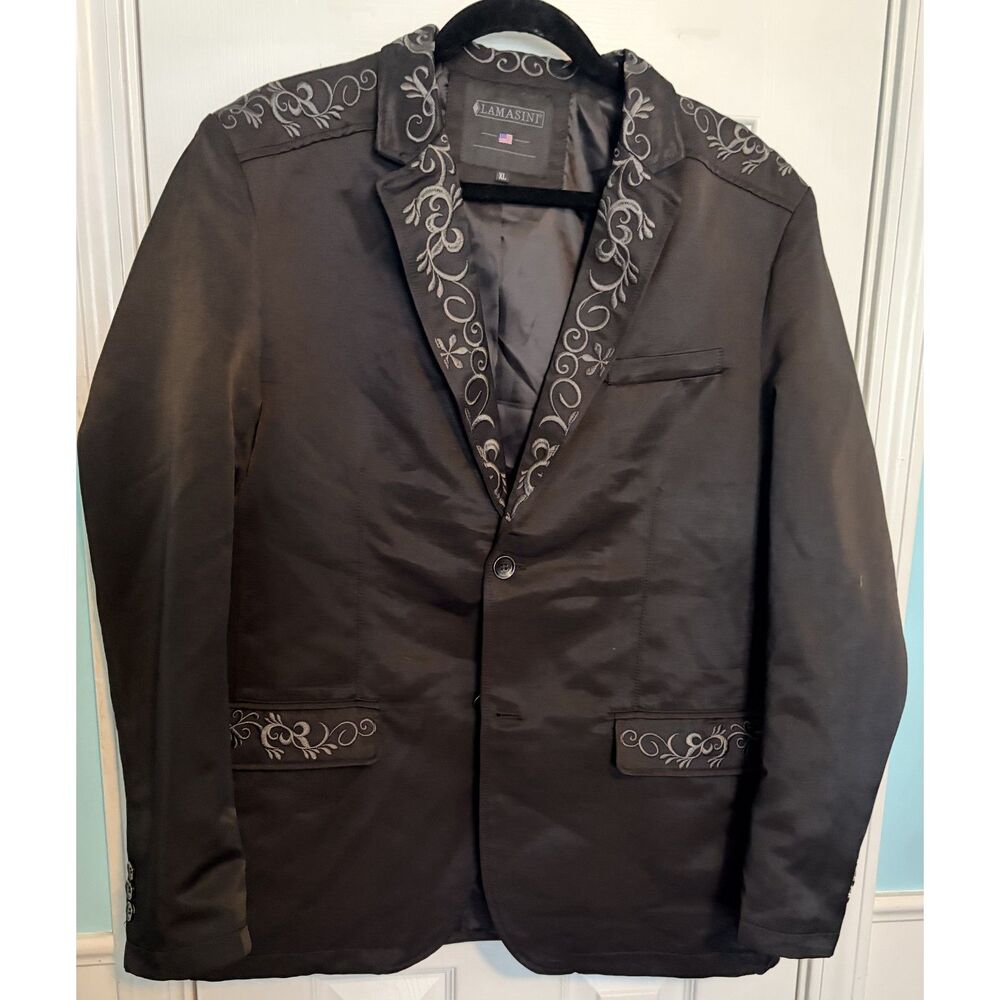 Lamasini Men's Embroidered Western Blazer Jacket Saco Vaquero Black Grey Size XL